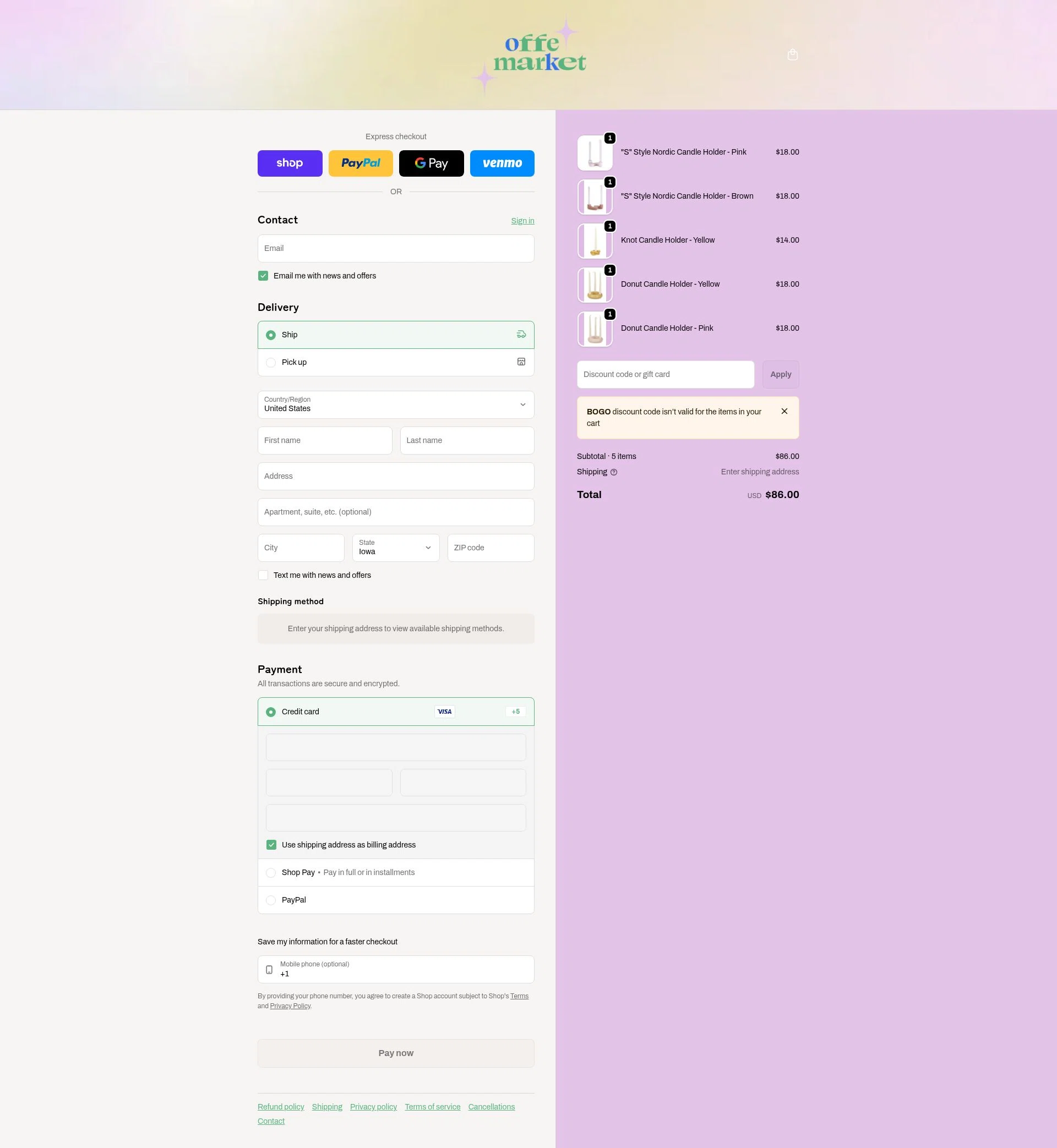 offe market checkout page showing offe market discount code box | Screenshot taken by SimplyCodes community member on Feb 18, 2026