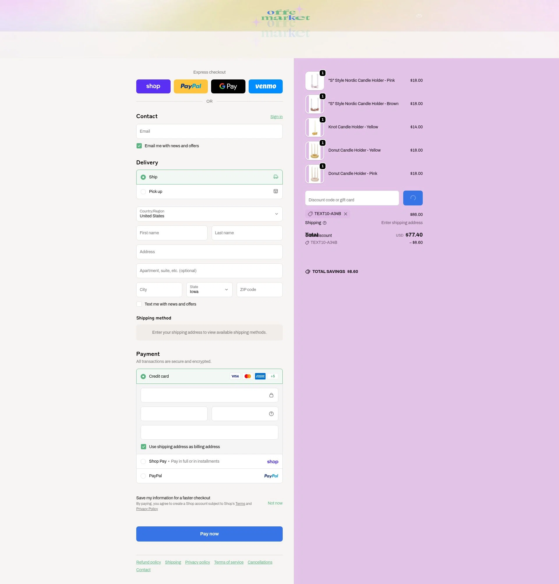 offe market checkout page showing offe market discount code box | Screenshot taken by SimplyCodes community member on Feb 14, 2026