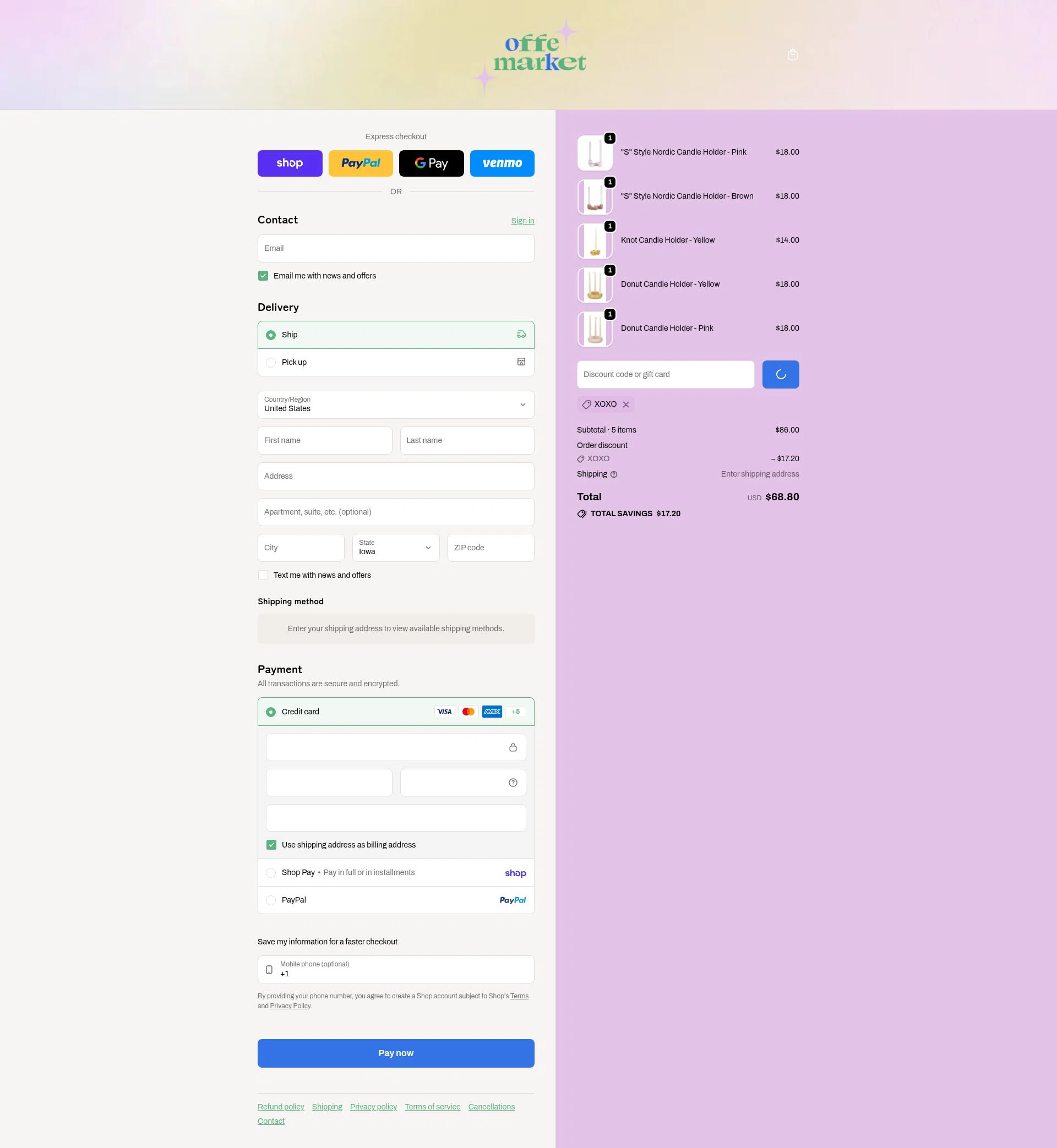 offe market checkout page showing offe market discount code box | Screenshot taken by SimplyCodes community member on Feb 18, 2026