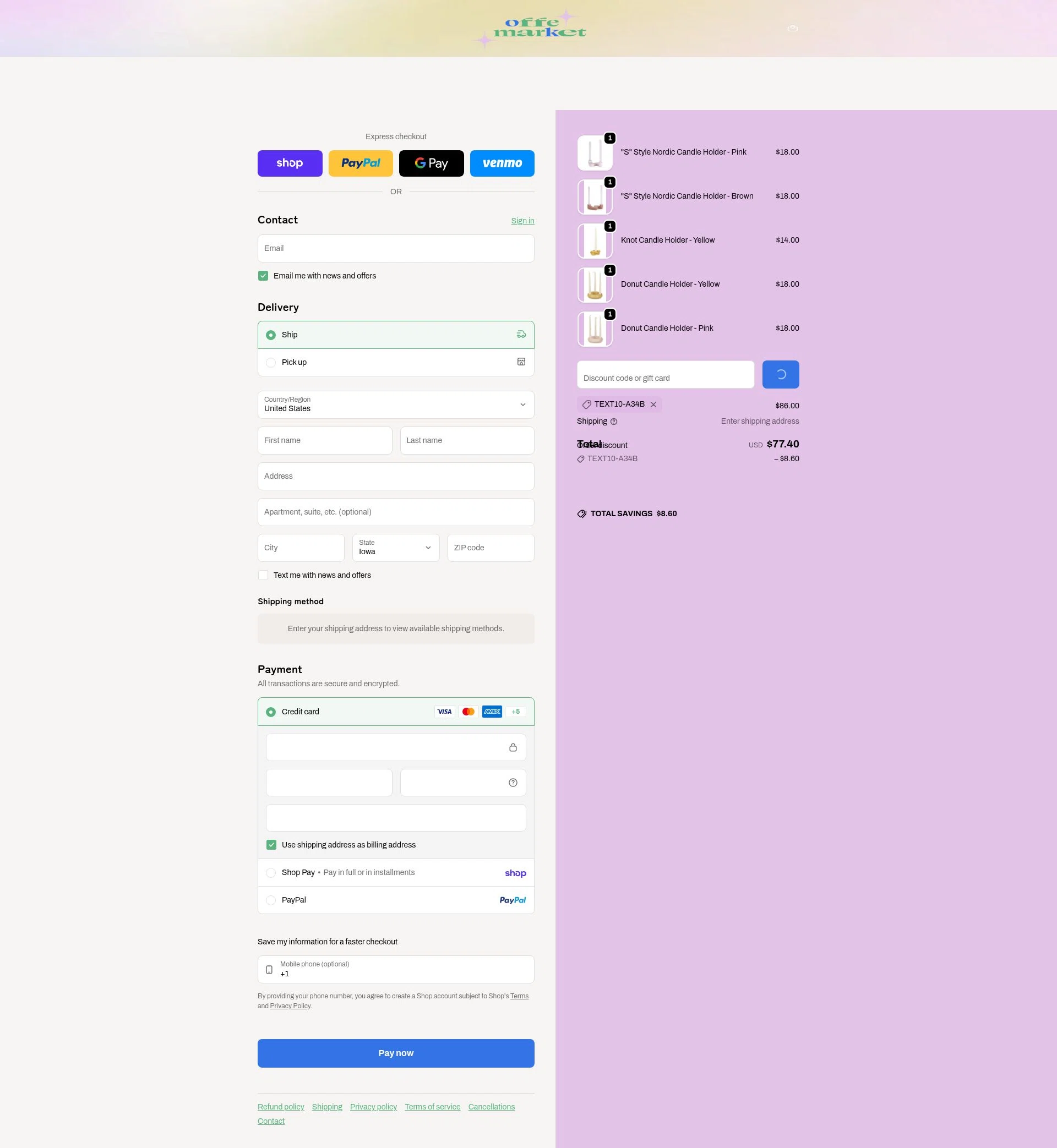 offe market checkout page showing offe market discount code box | Screenshot taken by SimplyCodes community member on Feb 18, 2026