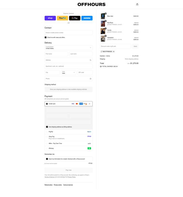 OFFHOURS checkout page showing OFFHOURS discount code box | Screenshot taken by SimplyCodes community member on Aug 30, 2025