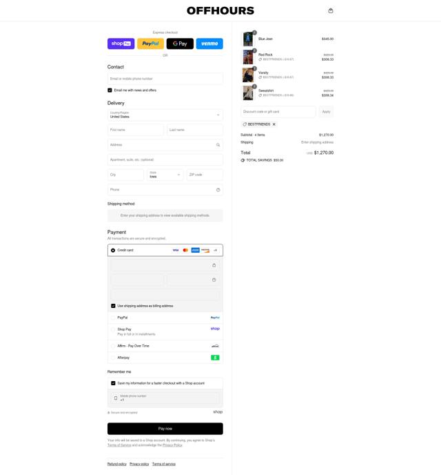 OFFHOURS checkout page showing OFFHOURS discount code box | Screenshot taken by SimplyCodes community member on Aug 26, 2025