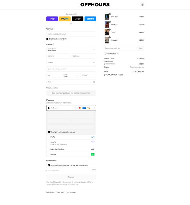 OFFHOURS checkout page showing OFFHOURS discount code box | Screenshot taken by SimplyCodes community member on Aug 30, 2025