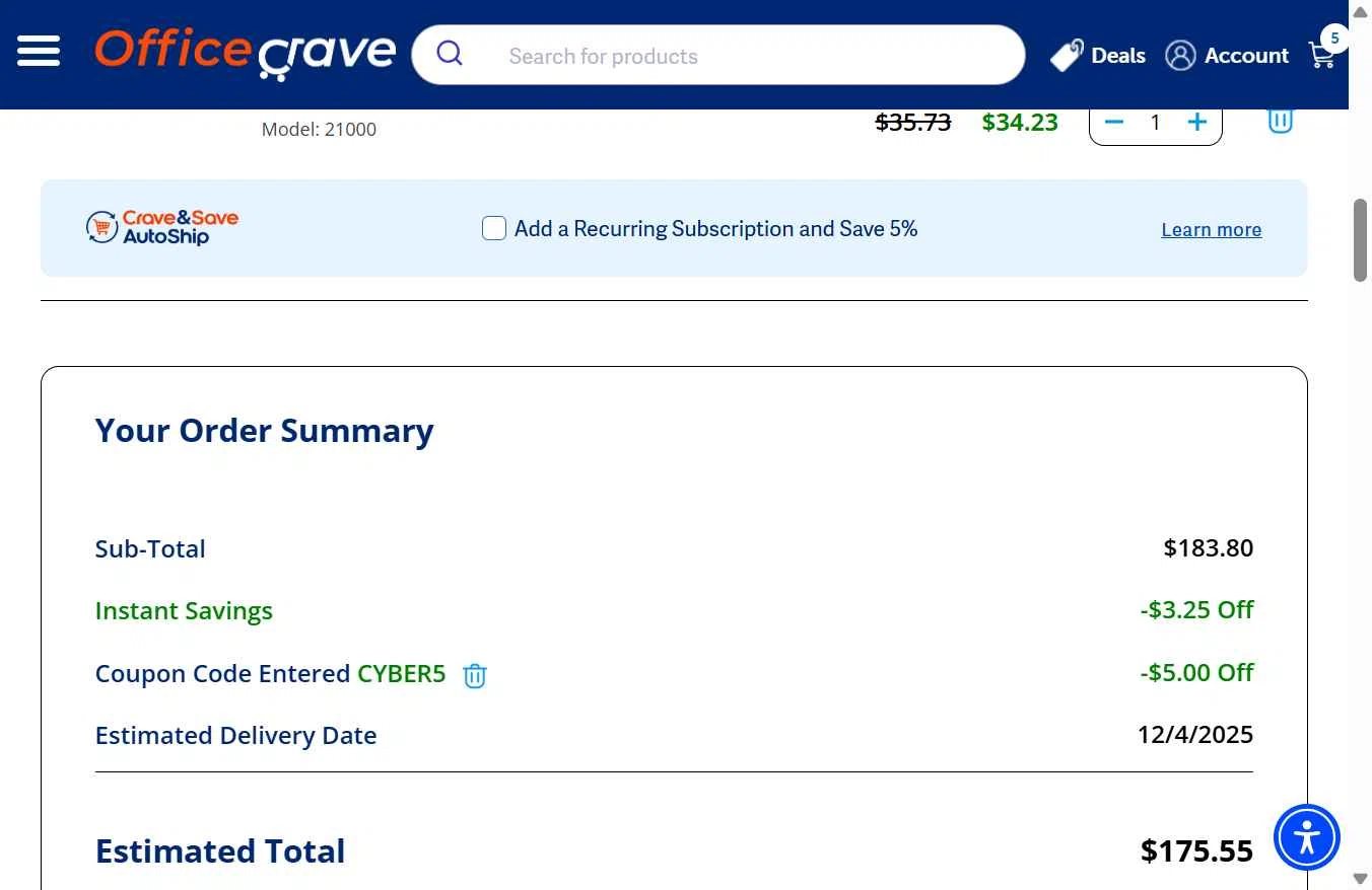 OfficeCrave checkout page showing OfficeCrave coupon code box | Screenshot taken by SimplyCodes community member on Dec 2, 2025