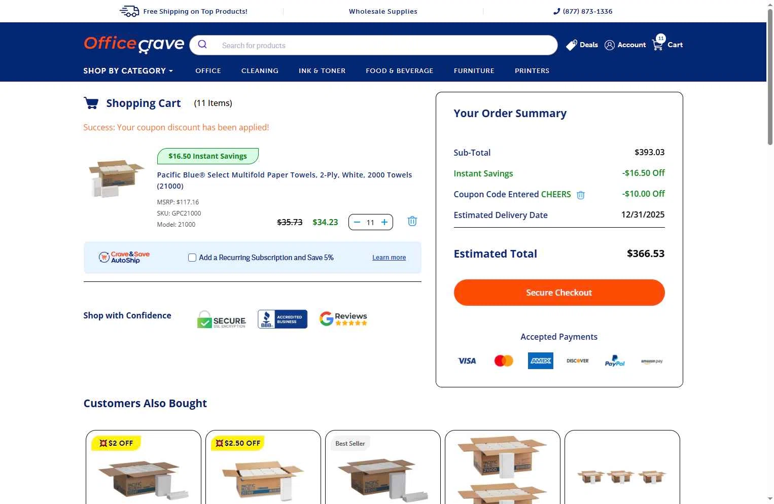 OfficeCrave checkout page showing OfficeCrave coupon code box | Screenshot taken by SimplyCodes community member on Dec 29, 2025