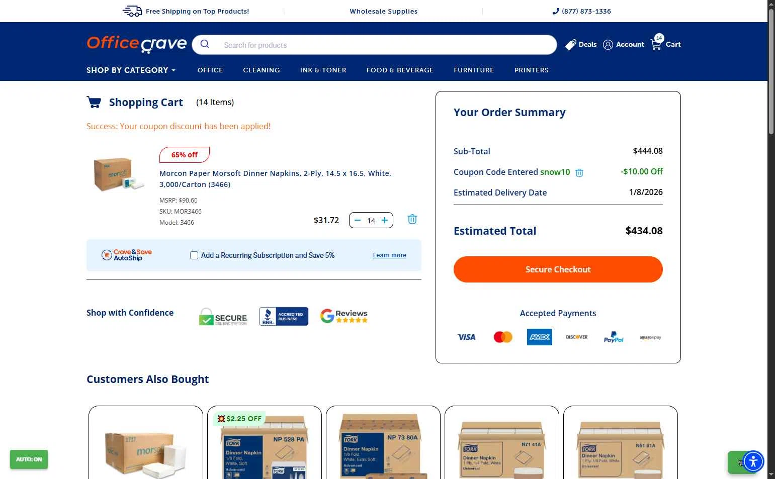 OfficeCrave checkout page showing OfficeCrave coupon code box | Screenshot taken by SimplyCodes community member on Jan 6, 2026