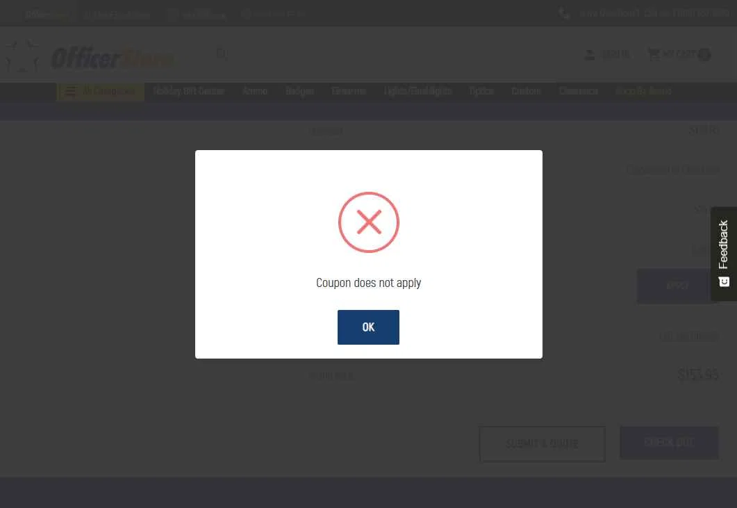 Officer Store.com checkout page showing Officer Store.com promo code box | Screenshot taken by SimplyCodes community member on Dec 24, 2025
