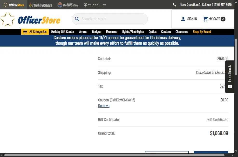 Officer Store.com checkout page showing Officer Store.com promo code box | Screenshot taken by SimplyCodes community member on Dec 1, 2025