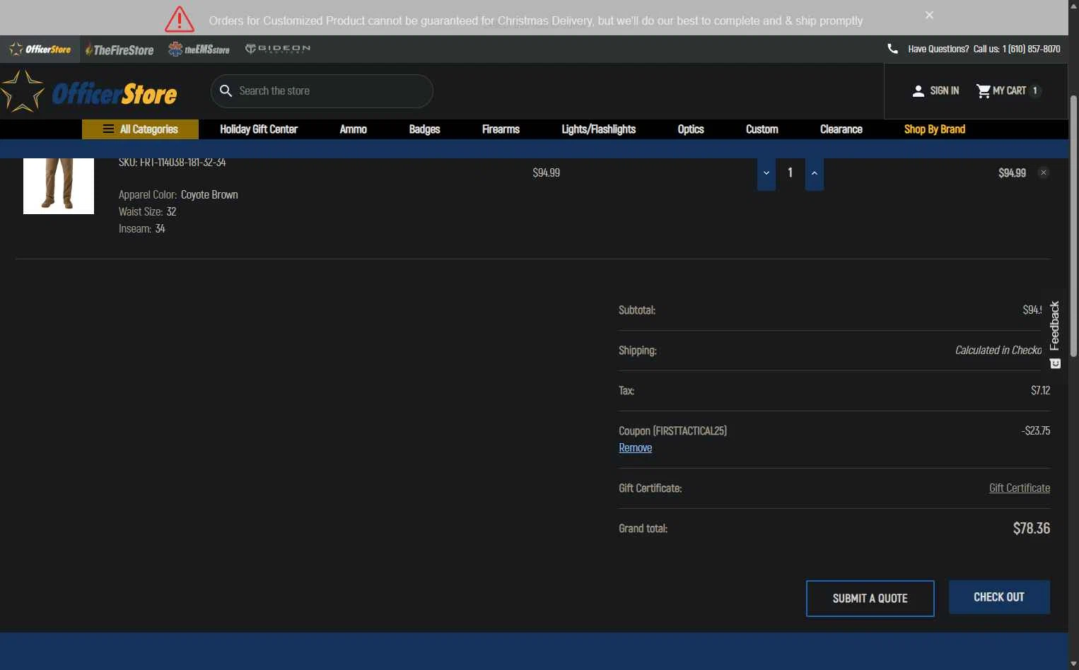 Officer Store.com checkout page showing Officer Store.com promo code box | Screenshot taken by SimplyCodes community member on Dec 20, 2025
