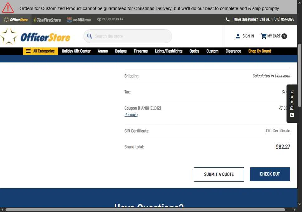 Officer Store.com checkout page showing Officer Store.com promo code box | Screenshot taken by SimplyCodes community member on Dec 19, 2025