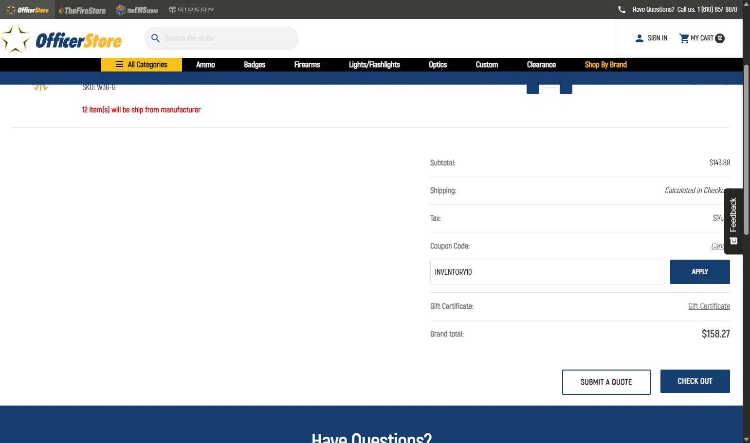 Officer Store.com checkout page showing Officer Store.com promo code box | Screenshot taken by SimplyCodes community member on Jan 9, 2026