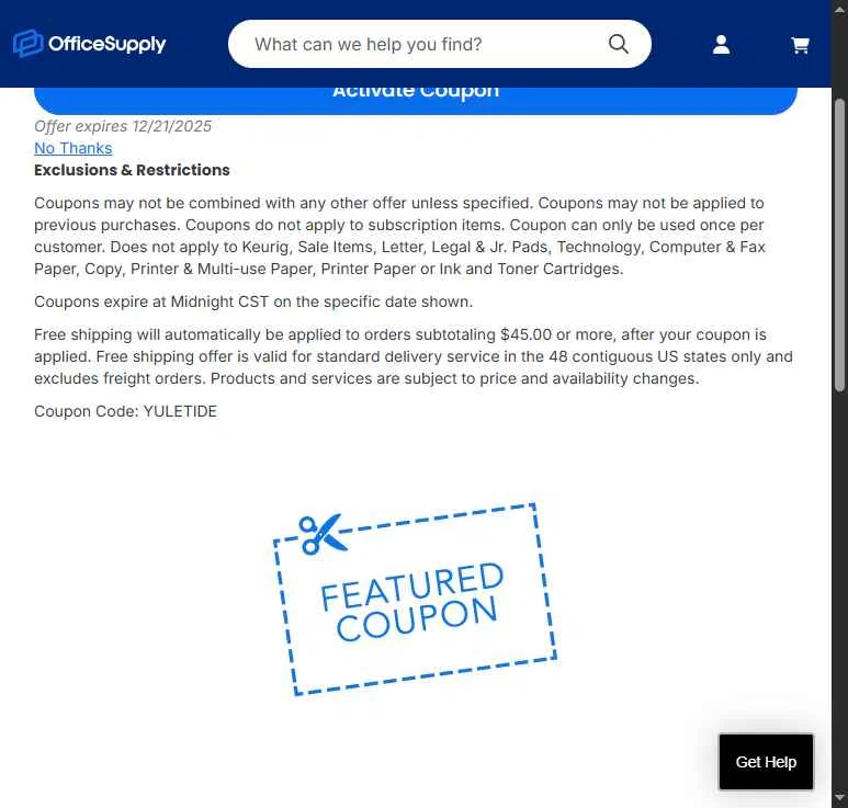 OfficeSupply.com checkout page showing OfficeSupply.com coupon code box | Screenshot taken by SimplyCodes community member on Dec 19, 2025