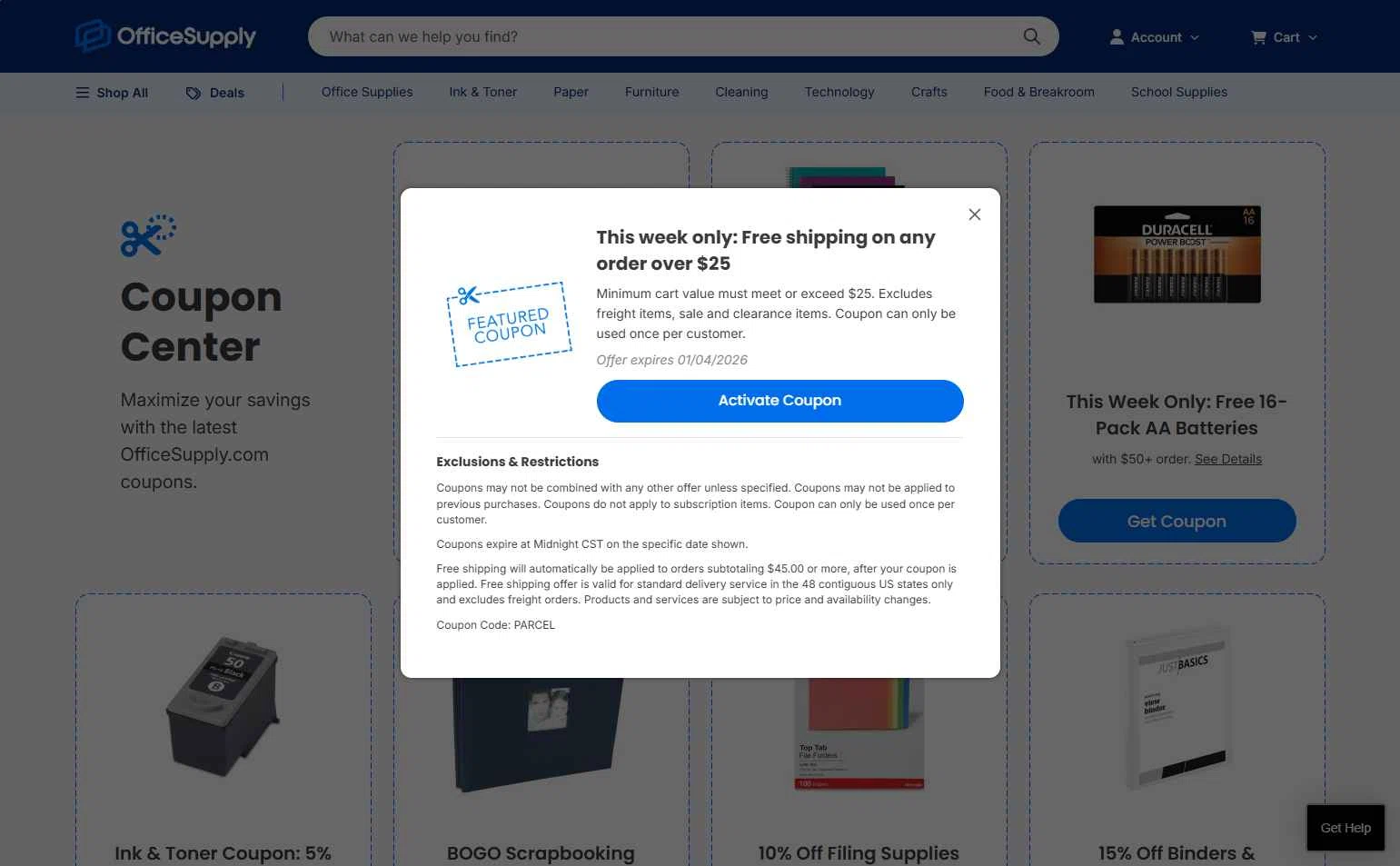 OfficeSupply.com checkout page showing OfficeSupply.com coupon code box | Screenshot taken by SimplyCodes community member on Dec 29, 2025