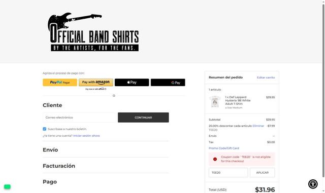 Official Band Shirts checkout page showing Official Band Shirts promo code box | Screenshot taken by SimplyCodes community member on Aug 16, 2025