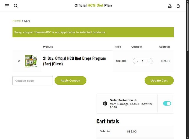 Official HCG Diet Plan checkout page showing Official HCG Diet Plan coupon code box | Screenshot taken by SimplyCodes community member on Jul 17, 2025