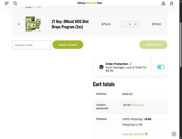 Official HCG Diet Plan checkout page showing Official HCG Diet Plan coupon code box | Screenshot taken by SimplyCodes community member on Jul 1, 2025