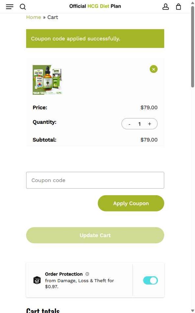 Official HCG Diet Plan checkout page showing Official HCG Diet Plan coupon code box | Screenshot taken by SimplyCodes community member on Aug 4, 2025