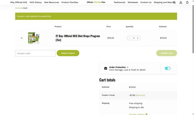 Official HCG Diet Plan checkout page showing Official HCG Diet Plan coupon code box | Screenshot taken by SimplyCodes community member on Aug 29, 2025