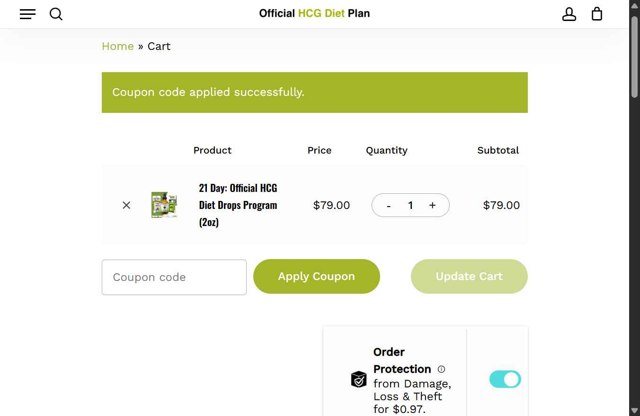 Official HCG Diet Plan checkout page showing Official HCG Diet Plan coupon code box | Screenshot taken by SimplyCodes community member on Aug 29, 2025