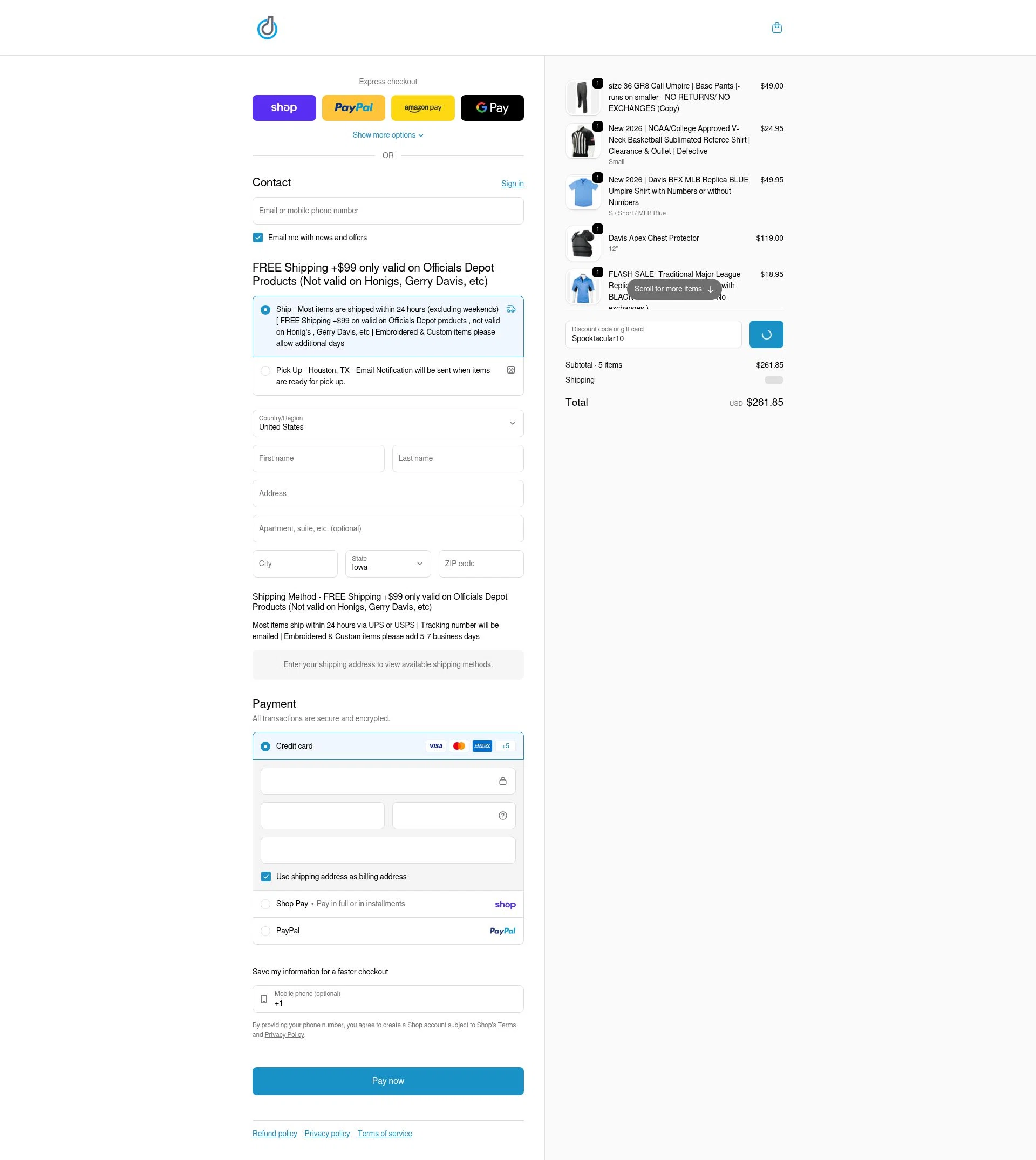 Officials Depot checkout page showing Officials Depot promo code box | Screenshot taken by SimplyCodes community member on Feb 10, 2026