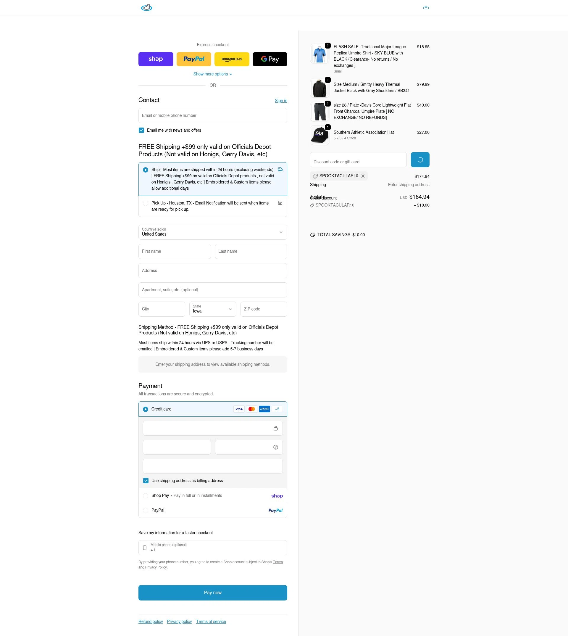 Officials Depot checkout page showing Officials Depot promo code box | Screenshot taken by SimplyCodes community member on Feb 1, 2026