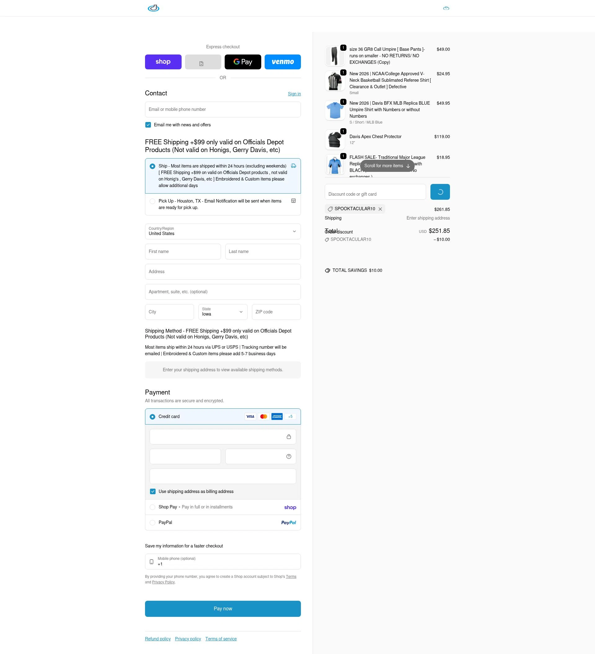 Officials Depot checkout page showing Officials Depot promo code box | Screenshot taken by SimplyCodes community member on Feb 14, 2026