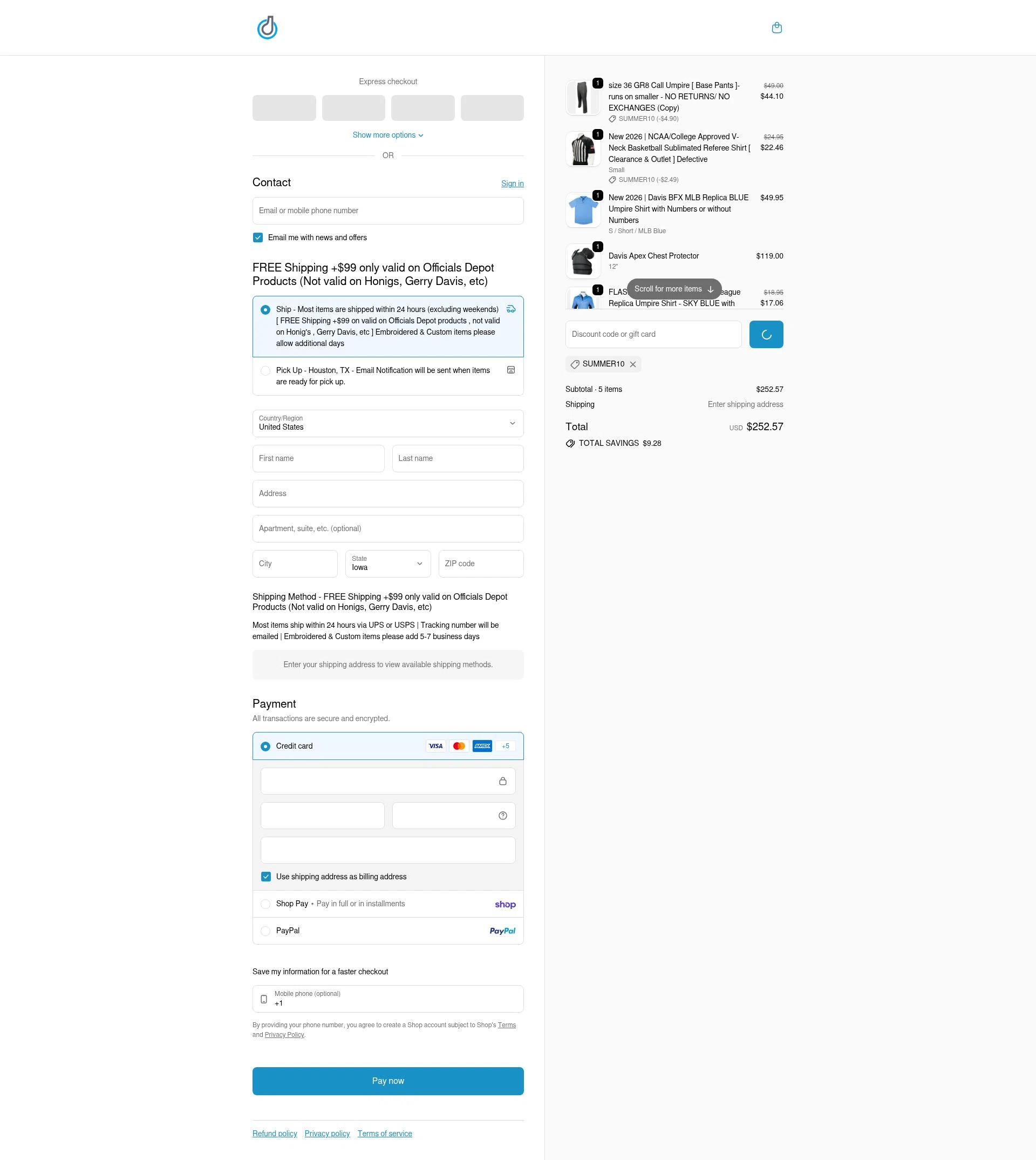 Officials Depot checkout page showing Officials Depot promo code box | Screenshot taken by SimplyCodes community member on Feb 14, 2026