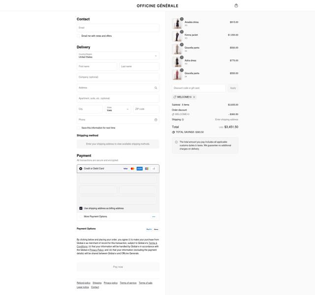 Officine Generale checkout page showing Officine Generale discount code box | Screenshot taken by SimplyCodes community member on Sep 6, 2025