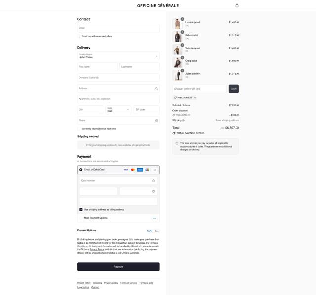 Officine Generale checkout page showing Officine Generale discount code box | Screenshot taken by SimplyCodes community member on Aug 20, 2025