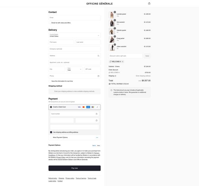 Officine Generale checkout page showing Officine Generale discount code box | Screenshot taken by SimplyCodes community member on Aug 15, 2025