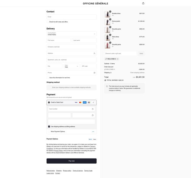Officine Generale checkout page showing Officine Generale discount code box | Screenshot taken by SimplyCodes community member on Aug 24, 2025