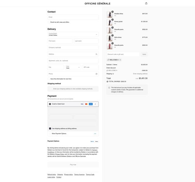 Officine Generale checkout page showing Officine Generale discount code box | Screenshot taken by SimplyCodes community member on Sep 14, 2025