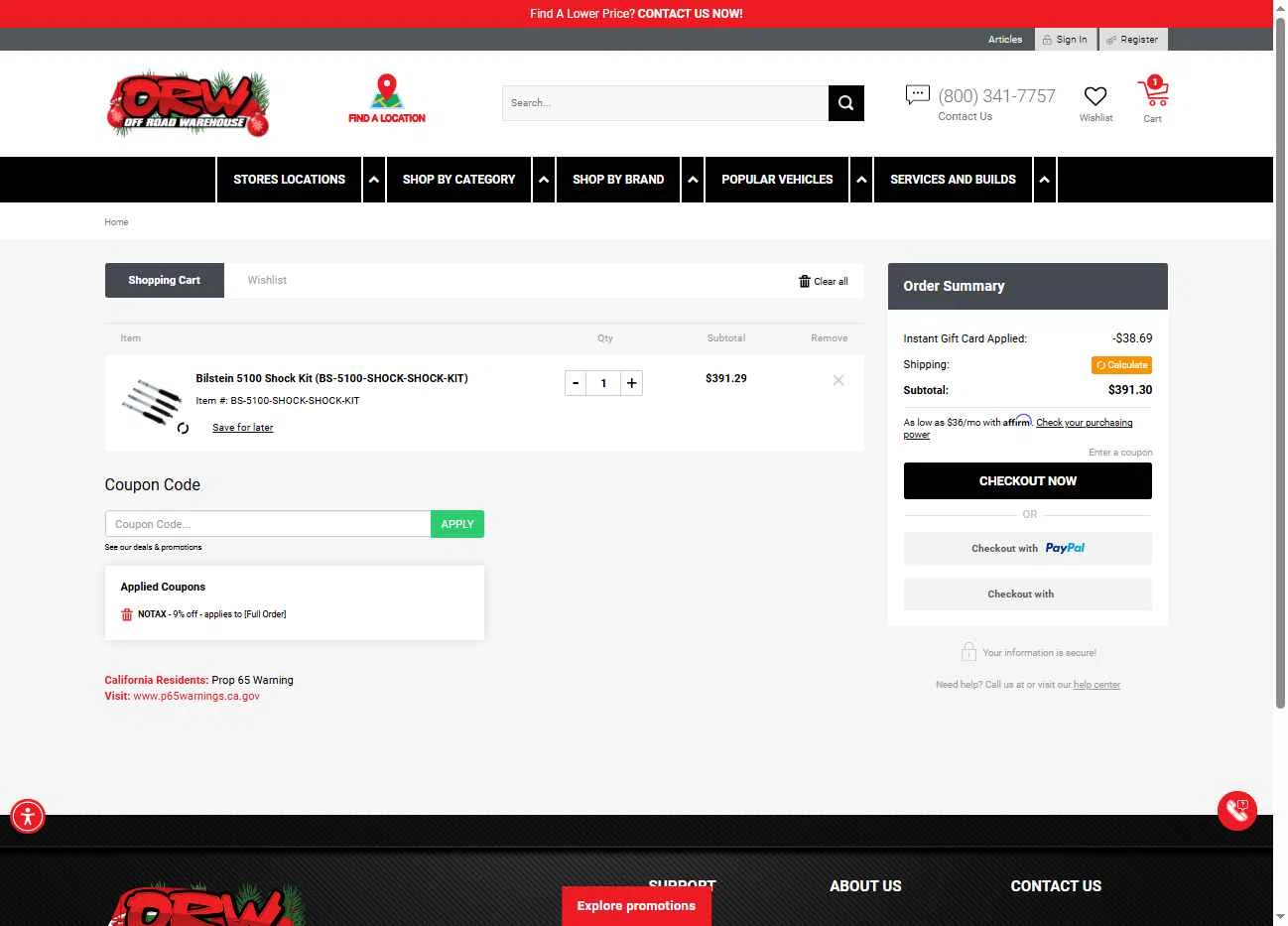 Off Road Warehouse checkout page showing Off Road Warehouse coupon code box | Screenshot taken by SimplyCodes community member on Dec 3, 2025