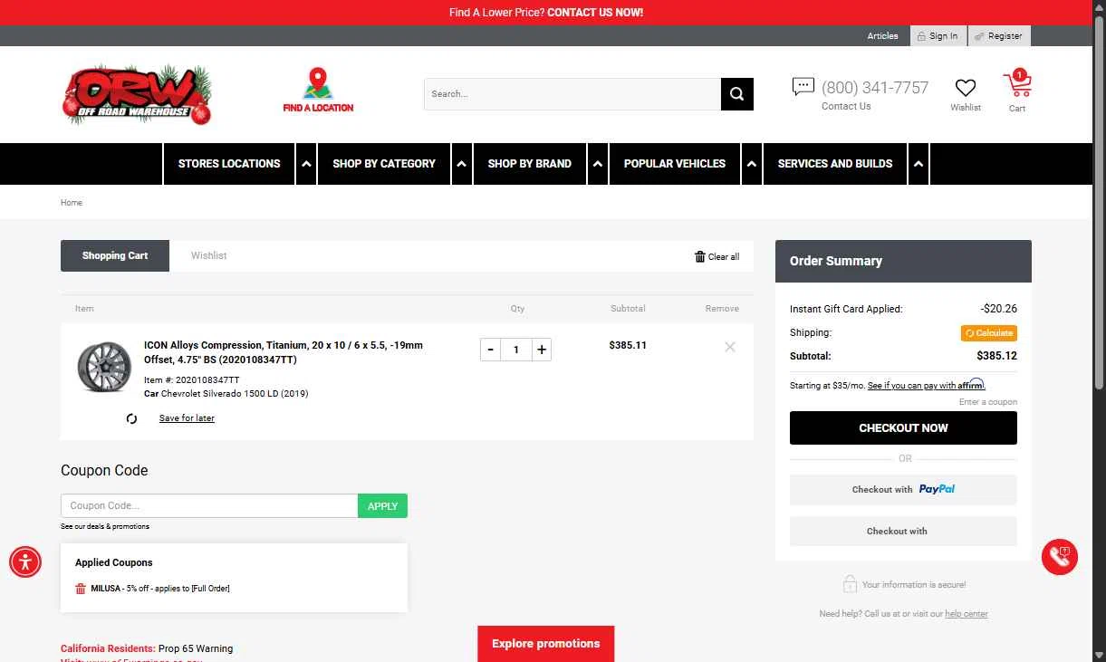 Off Road Warehouse checkout page showing Off Road Warehouse coupon code box | Screenshot taken by SimplyCodes community member on Nov 6, 2025