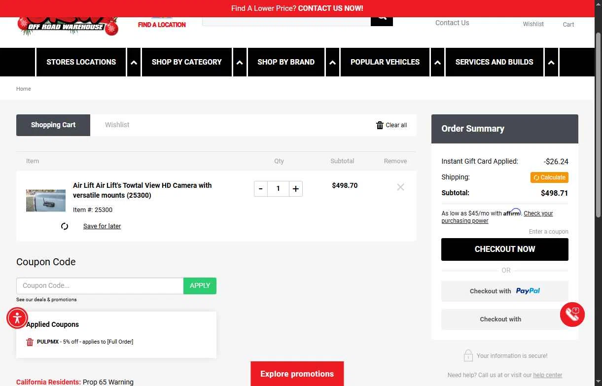 Off Road Warehouse checkout page showing Off Road Warehouse coupon code box | Screenshot taken by SimplyCodes community member on Dec 7, 2025