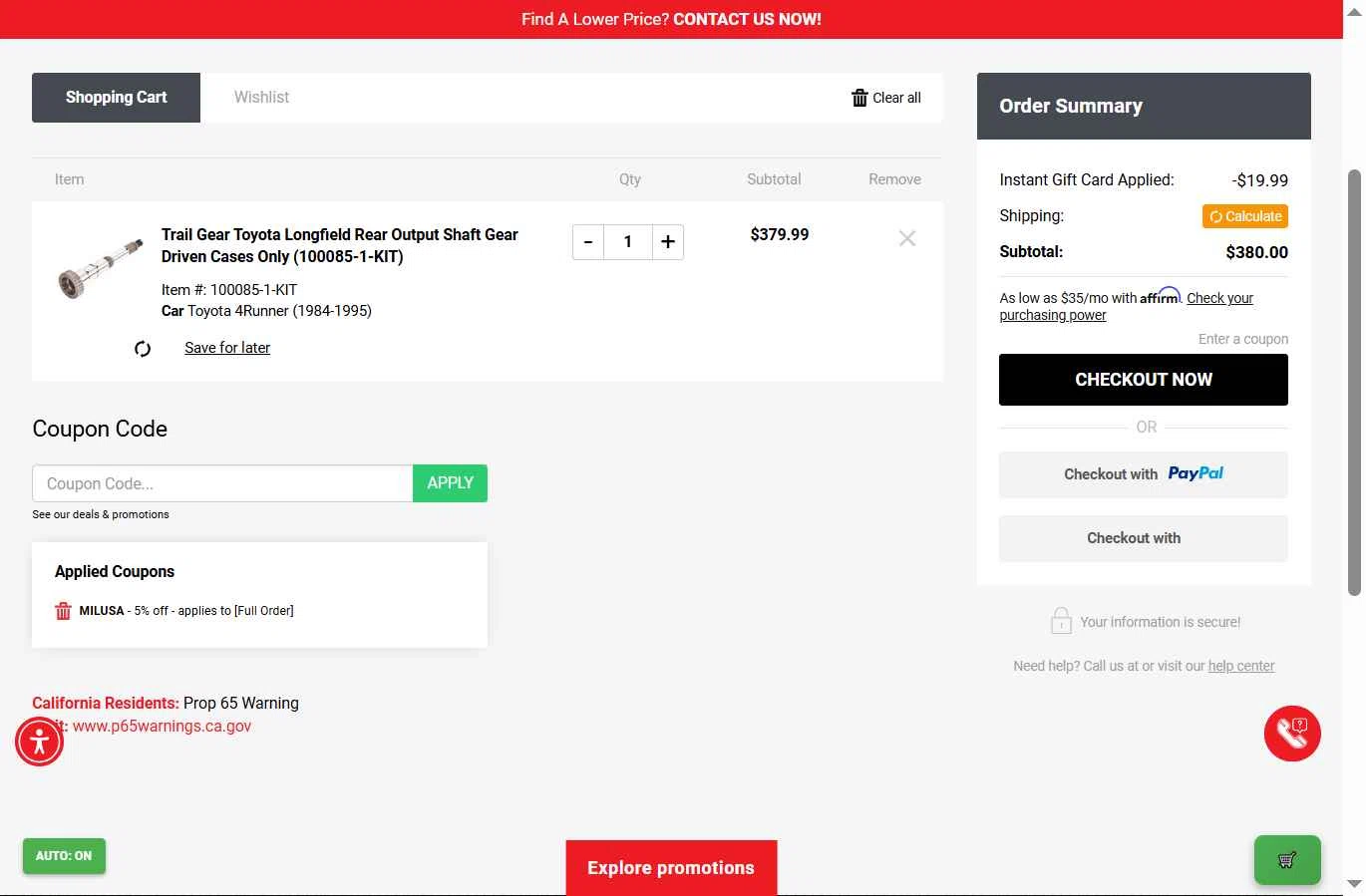 Off Road Warehouse checkout page showing Off Road Warehouse coupon code box | Screenshot taken by SimplyCodes community member on Nov 6, 2025