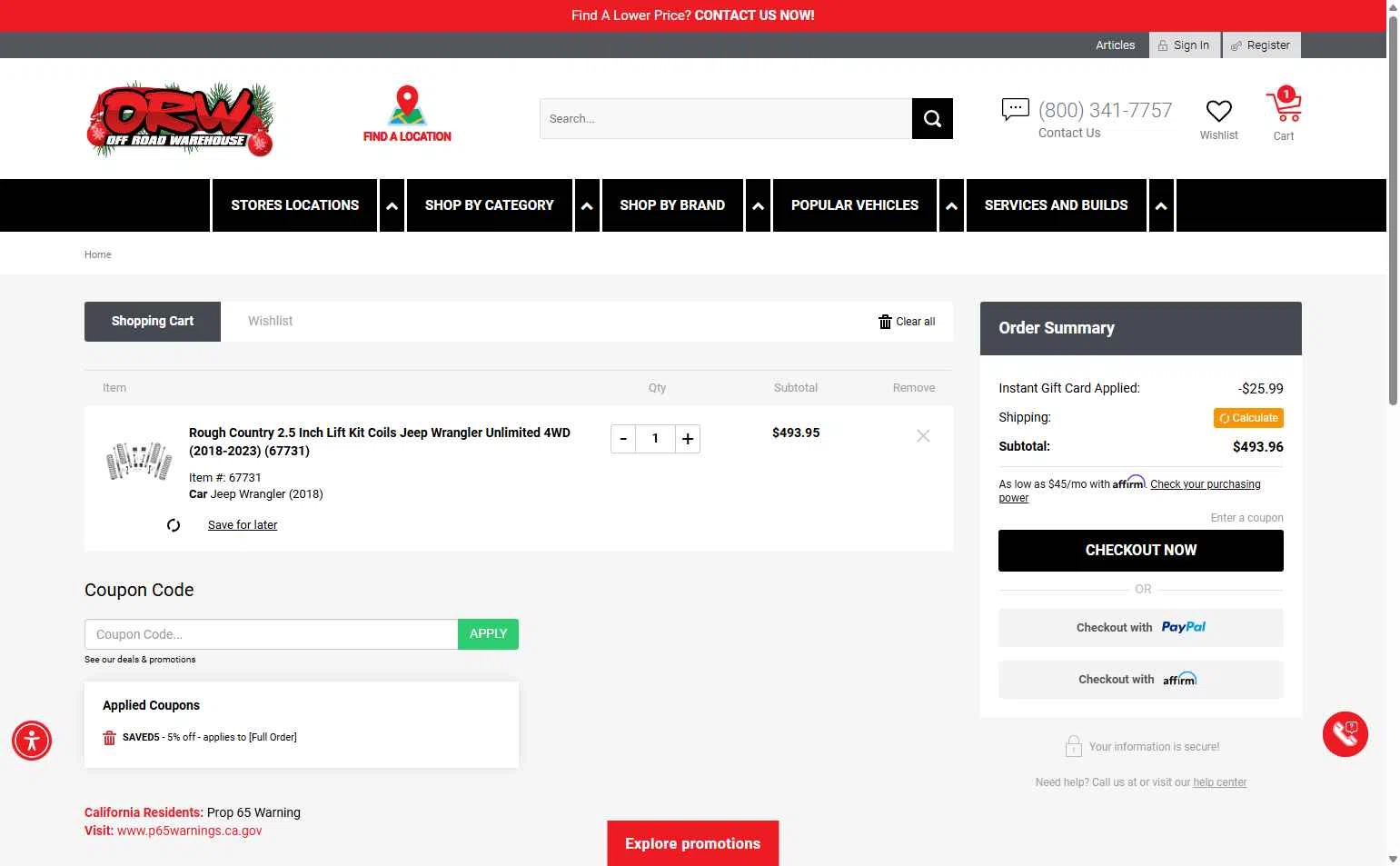 Off Road Warehouse checkout page showing Off Road Warehouse coupon code box | Screenshot taken by SimplyCodes community member on Nov 4, 2025