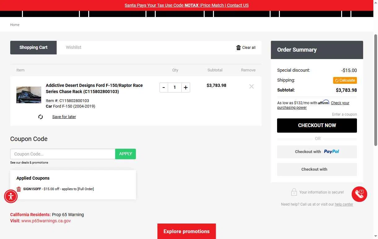 Off Road Warehouse checkout page showing Off Road Warehouse coupon code box | Screenshot taken by SimplyCodes community member on Dec 29, 2025