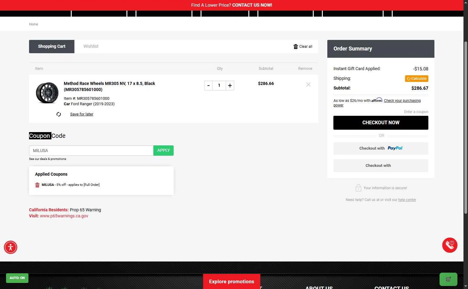 Off Road Warehouse checkout page showing Off Road Warehouse coupon code box | Screenshot taken by SimplyCodes community member on Nov 17, 2025