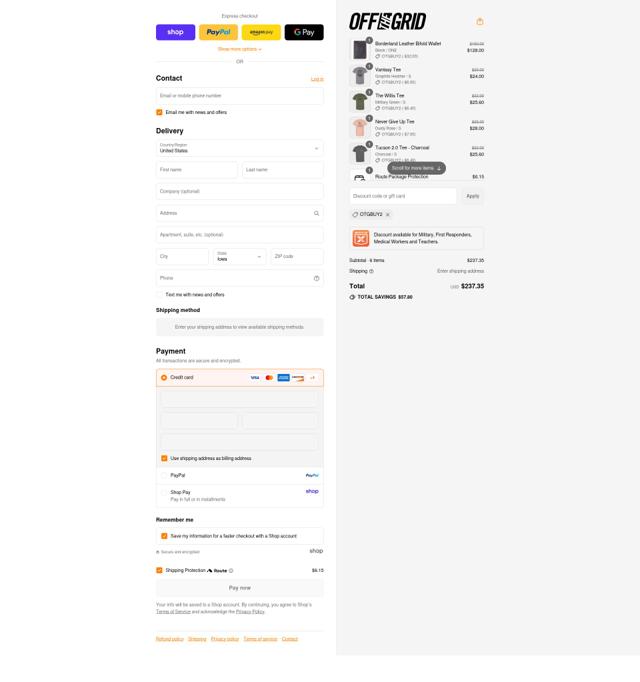 Off The Grid Surplus checkout page showing Off The Grid Surplus discount code box | Screenshot taken by SimplyCodes community member on Sep 6, 2025