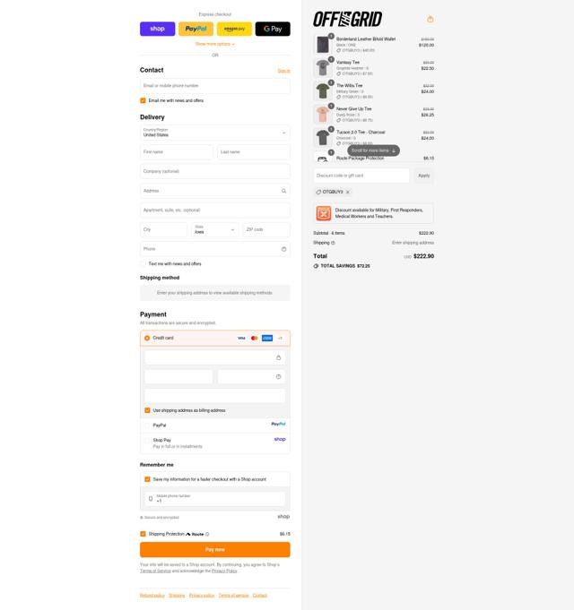 Off The Grid Surplus checkout page showing Off The Grid Surplus discount code box | Screenshot taken by SimplyCodes community member on Sep 10, 2025