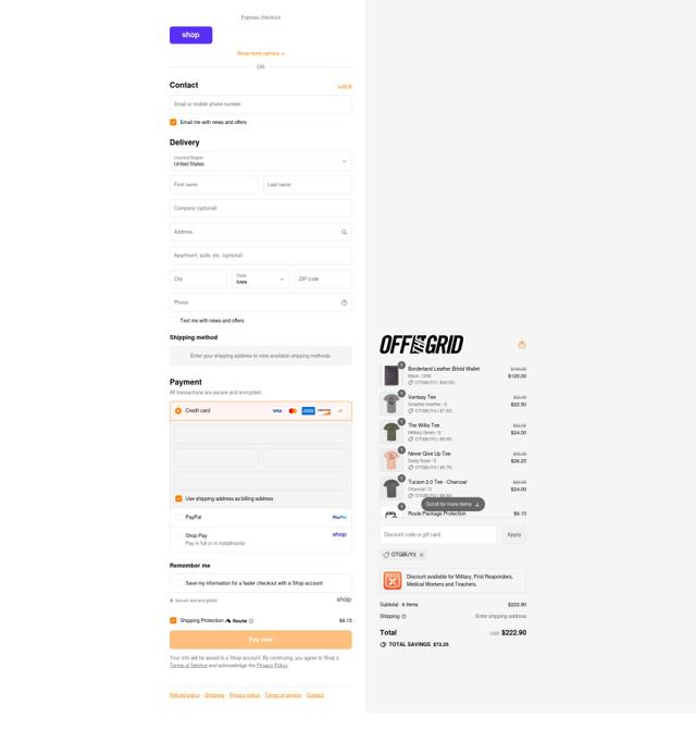 Off The Grid Surplus checkout page showing Off The Grid Surplus discount code box | Screenshot taken by SimplyCodes community member on Sep 2, 2025