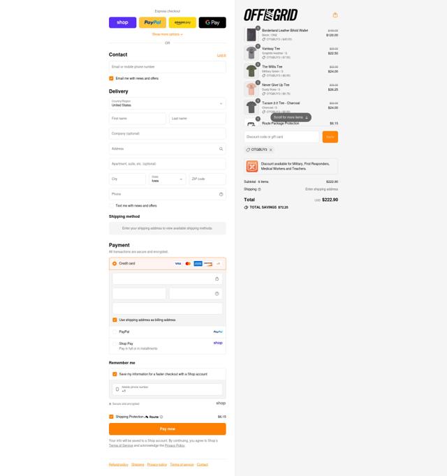 Off The Grid Surplus checkout page showing Off The Grid Surplus discount code box | Screenshot taken by SimplyCodes community member on Sep 6, 2025