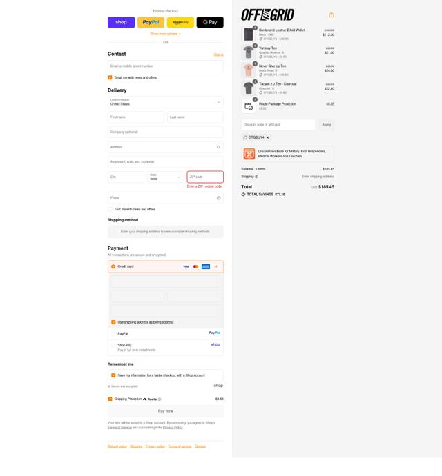 Off The Grid Surplus checkout page showing Off The Grid Surplus discount code box | Screenshot taken by SimplyCodes community member on Sep 14, 2025