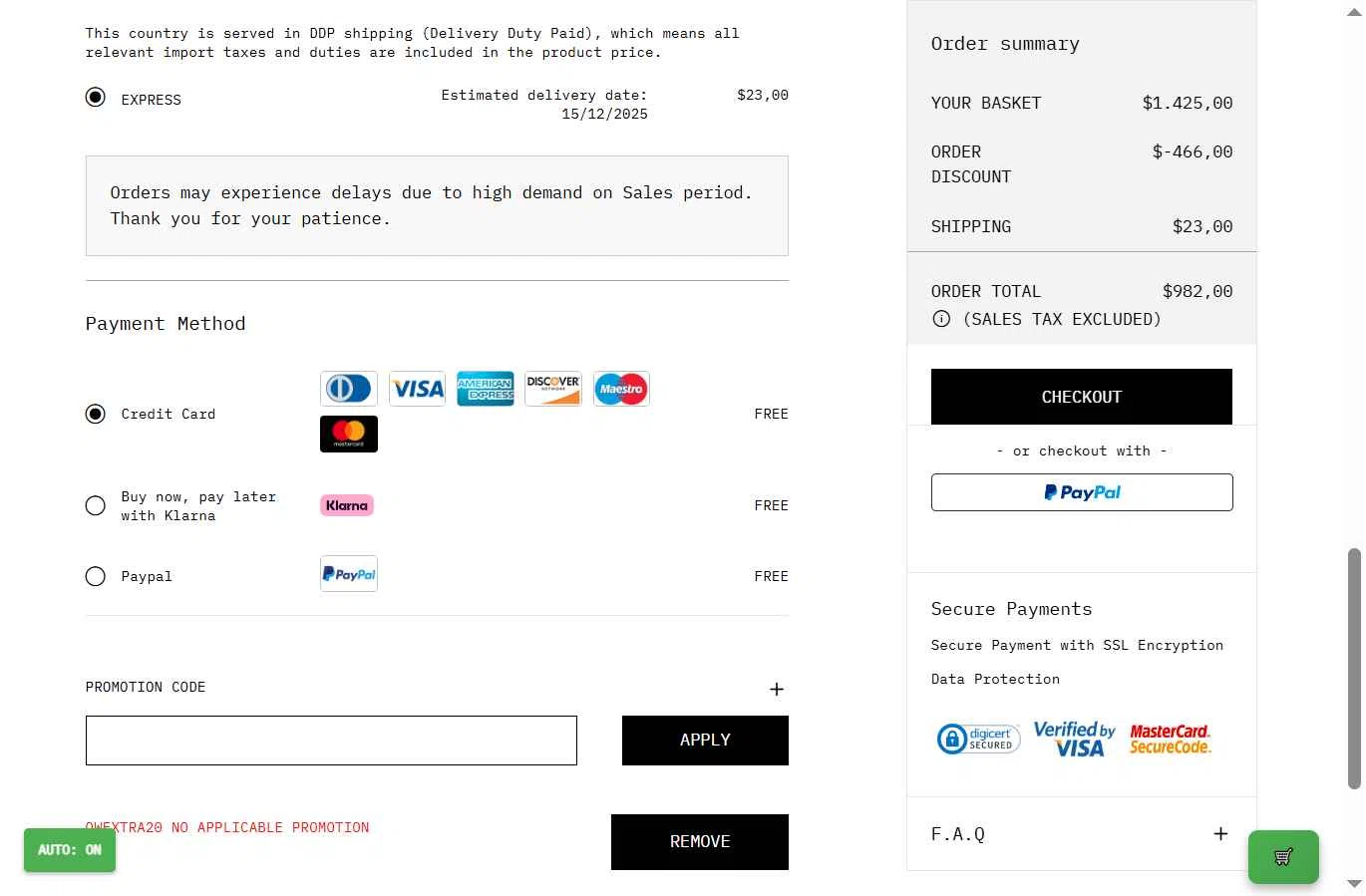 Off-White checkout page showing Off-White promo code box | Screenshot taken by SimplyCodes community member on Dec 10, 2025