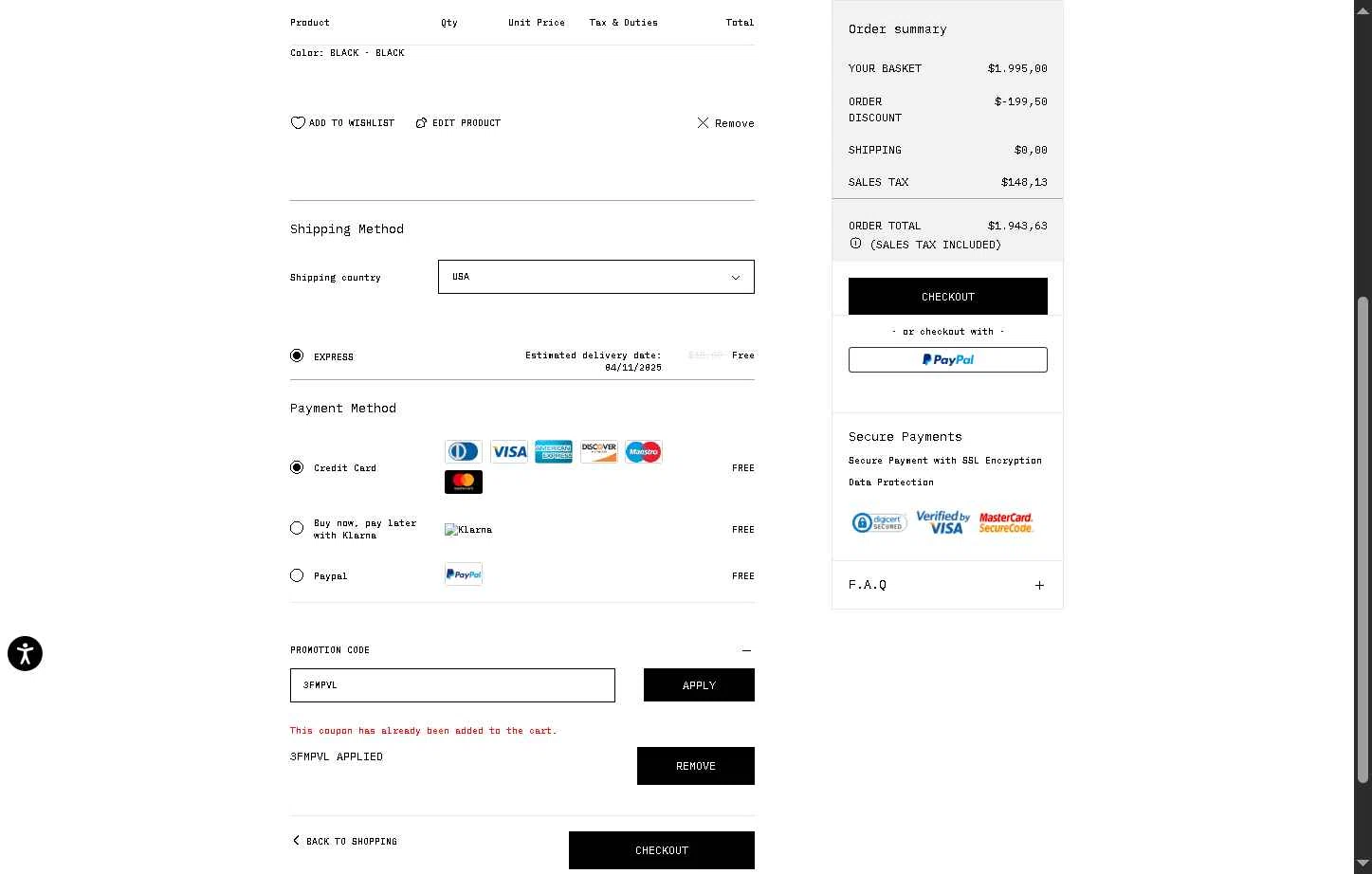 Off-White checkout page showing Off-White promo code box | Screenshot taken by SimplyCodes community member on Oct 29, 2025