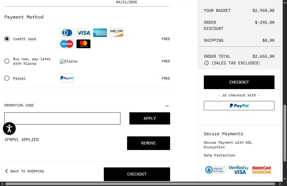 Off-White checkout page showing Off-White promo code box | Screenshot taken by SimplyCodes community member on Oct 29, 2025