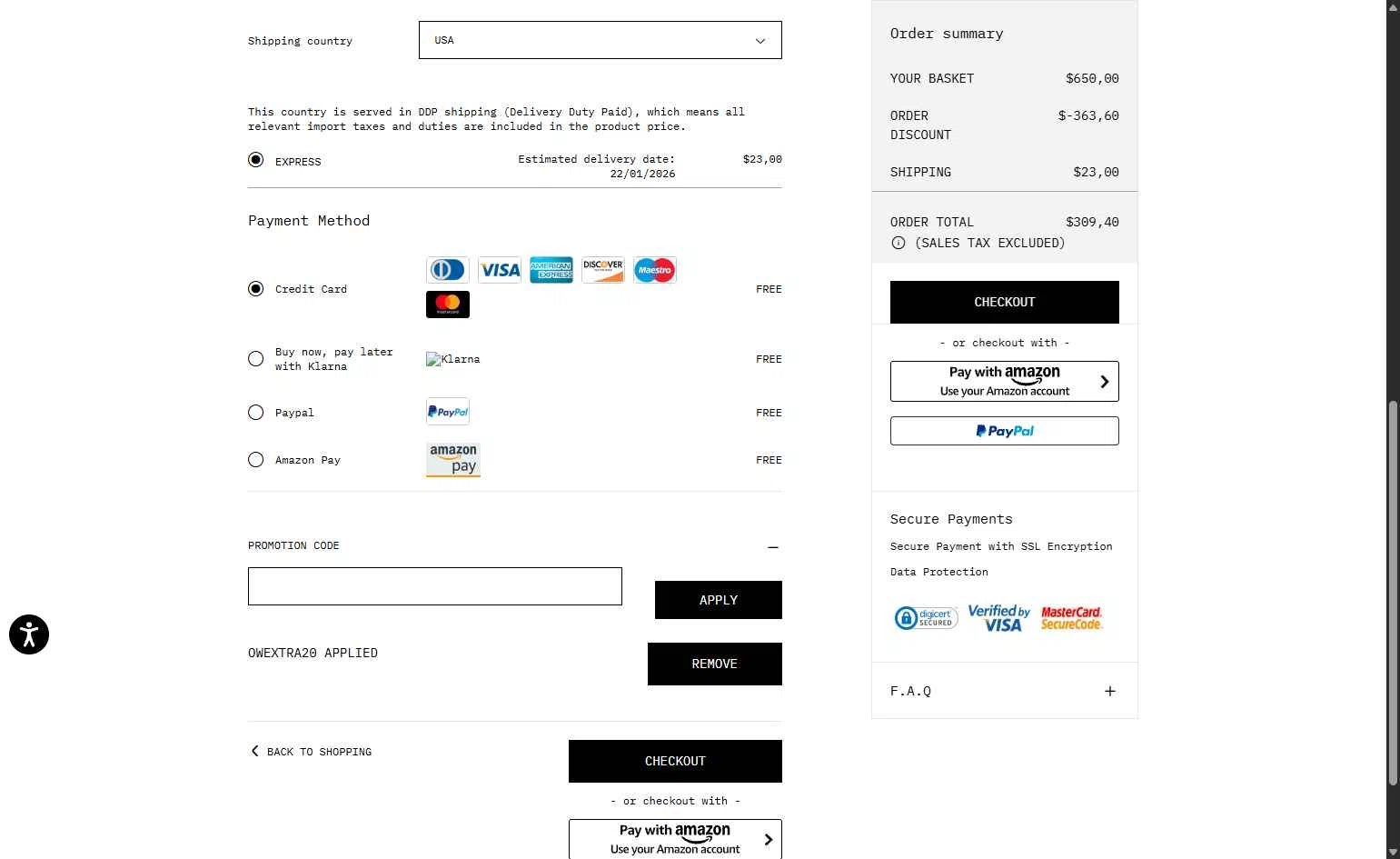Off-White checkout page showing Off-White promo code box | Screenshot taken by SimplyCodes community member on Jan 17, 2026