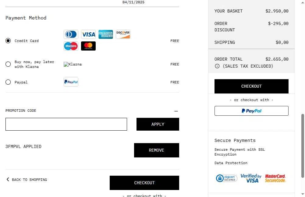 Off-White checkout page showing Off-White promo code box | Screenshot taken by SimplyCodes community member on Oct 29, 2025