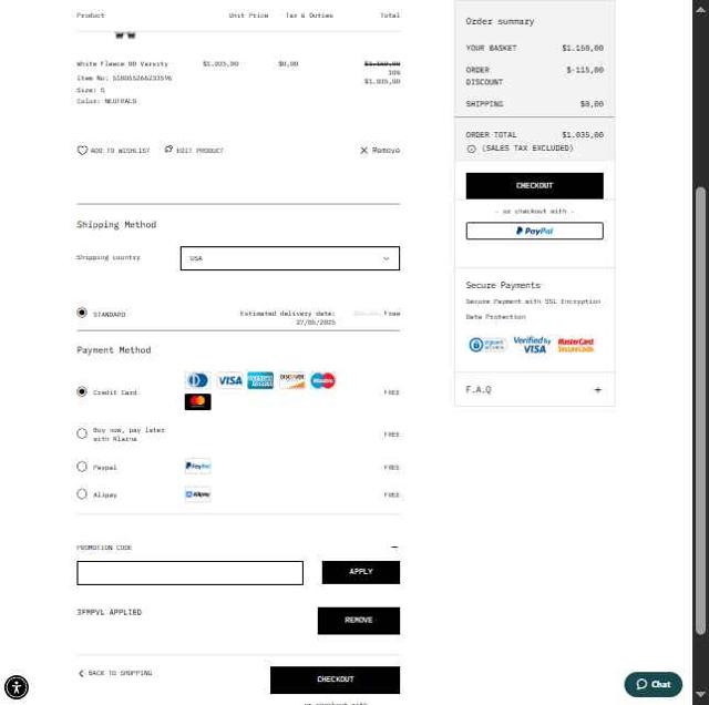 Off-White checkout page showing Off-White promo code box | Screenshot taken by SimplyCodes community member on May 16, 2025